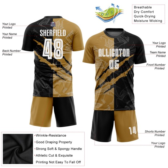 Jersey Gold Scratch Uniform Schwarz-Alt Weiß Sublimation Benutzerdefinierte Graffiti Fußball Muster Jersey Gold Scratch Uniform Schwarz-Alt Weiß Sublimation Benutzerdefinierte Graffiti Fußball Muster