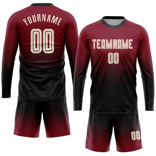 Benutzerdefinierte lange Fußballuniform Creme-Schwarz Fade Crimson Sublimation Ärmel Mode Jersey Benutzerdefinierte lange Fußballuniform Creme-Schwarz Fade Crimson Sublimation Ärmel Mode Jersey