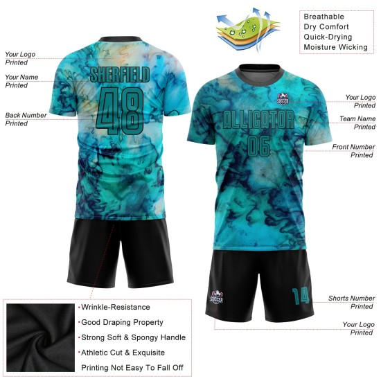 Benutzerdefinierte Dye Sublimation Teal-Schwarz Uniform Fußball Jersey Krawatte Benutzerdefinierte Dye Sublimation Teal-Schwarz Uniform Fußball Jersey Krawatte