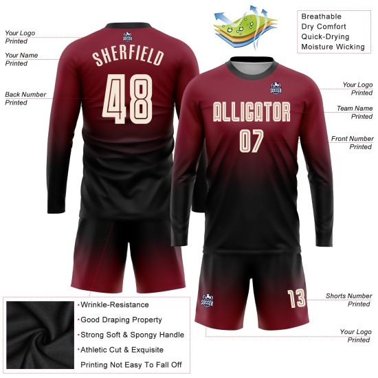 Benutzerdefinierte lange Fußballuniform Creme-Schwarz Fade Crimson Sublimation Ärmel Mode Jersey Benutzerdefinierte lange Fußballuniform Creme-Schwarz Fade Crimson Sublimation Ärmel Mode Jersey