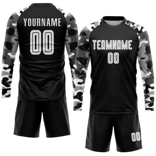 Benutzerdefinierte Uniform Trikot Sublimation Schwarz Fußball Weiß-Camo Benutzerdefinierte Uniform Trikot Sublimation Schwarz Fußball Weiß-Camo