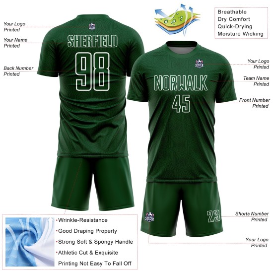 Geometrische weiße Trikots grüne Fußballformen benutzerdefinierte Sublimation Uniform Geometrische weiße Trikots grüne Fußballformen benutzerdefinierte Sublimation Uniform