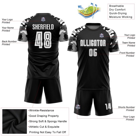Benutzerdefinierte Uniform Trikot Sublimation Schwarz Fußball Weiß-Camo Benutzerdefinierte Uniform Trikot Sublimation Schwarz Fußball Weiß-Camo