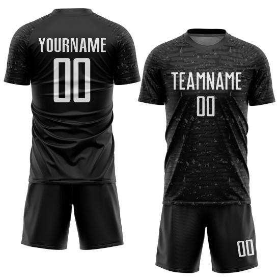 Schwarzes Fußballuniform-Trikot mit benutzerdefiniertem weißem Sublimationsdruck Schwarzes Fußballuniform-Trikot mit benutzerdefiniertem weißem Sublimationsdruck