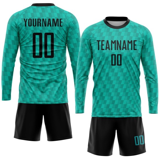Schwarzes Sublimationstrikot, benutzerdefinierte Uniform, Fußball, blaugrün Schwarzes Sublimationstrikot, benutzerdefinierte Uniform, Fußball, blaugrün