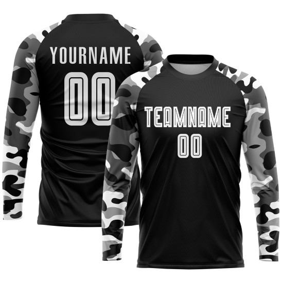 Benutzerdefinierte Uniform Trikot Sublimation Schwarz Fußball Weiß-Camo Benutzerdefinierte Uniform Trikot Sublimation Schwarz Fußball Weiß-Camo