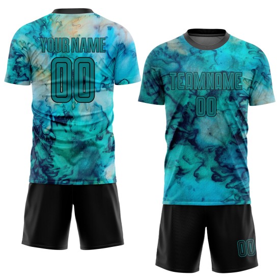 Benutzerdefinierte Dye Sublimation Teal-Schwarz Uniform Fußball Jersey Krawatte Benutzerdefinierte Dye Sublimation Teal-Schwarz Uniform Fußball Jersey Krawatte