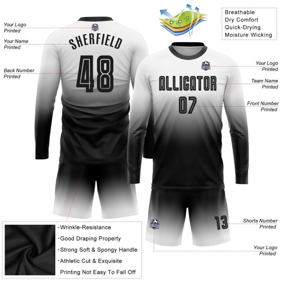 Sublimation Mode Verblassen Lange Schwarz Weiß Jersey Uniform Ärmel Fußball Sublimation Mode Verblassen Lange Schwarz Weiß Jersey Uniform Ärmel Fußball
