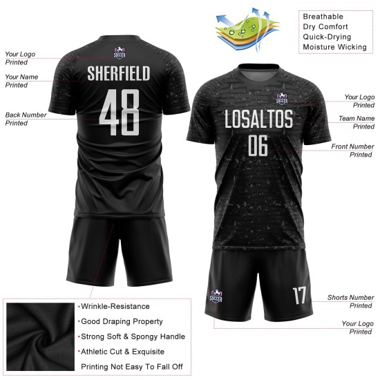 Schwarzes Fußballuniform-Trikot mit benutzerdefiniertem weißem Sublimationsdruck Schwarzes Fußballuniform-Trikot mit benutzerdefiniertem weißem Sublimationsdruck