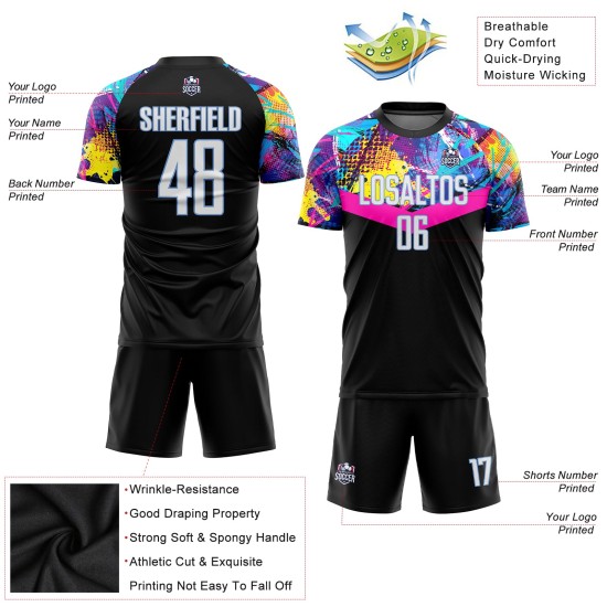 Schwarze Uniform Fußball Sublimation Custom Jersey Weiß-Hellblau Schwarze Uniform Fußball Sublimation Custom Jersey Weiß-Hellblau