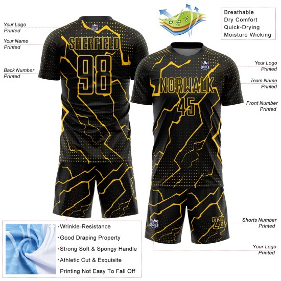 Sublimation Fußballtrikot Uniform Lightning Schwarz Custom Gelb Sublimation Fußballtrikot Uniform Lightning Schwarz Custom Gelb