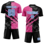 Benutzerdefinierte Sublimation Scratch Hellblau Graffiti Schwarz-Rosa Muster Fußball Jersey Uniform Benutzerdefinierte Sublimation Scratch Hellblau Graffiti Schwarz-Rosa Muster Fußball Jersey Uniform
