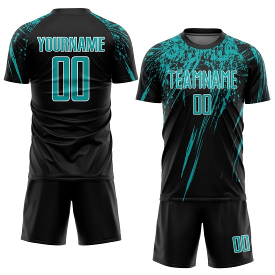 Benutzerdefinierte schwarze Trikot Uniform Sublimation Aqua-Weiß Fußball Benutzerdefinierte schwarze Trikot Uniform Sublimation Aqua-Weiß Fußball