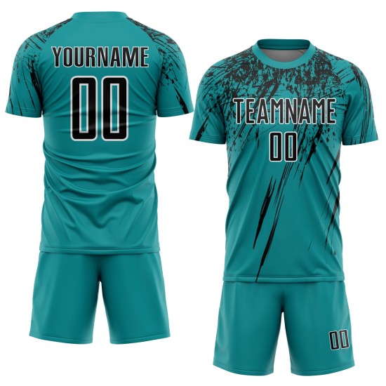 Teal Jersey Sublimation Fußballuniform Schwarz-Weiß Custom Teal Jersey Sublimation Fußballuniform Schwarz-Weiß Custom