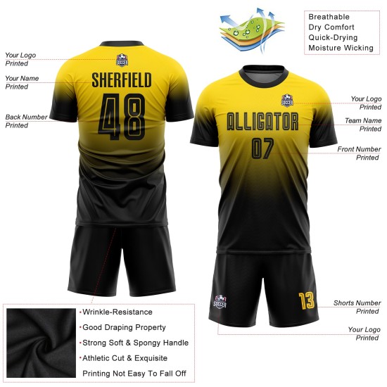 Uniform Fußball Mode Sublimation Jersey Custom Fade Schwarz Gold Uniform Fußball Mode Sublimation Jersey Custom Fade Schwarz Gold