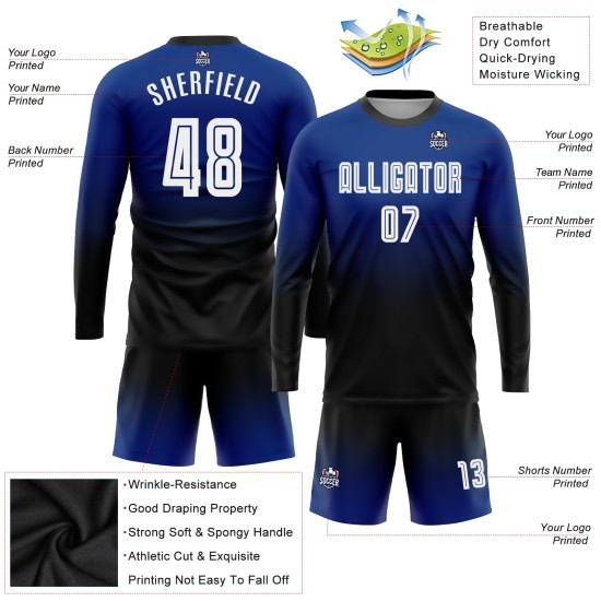 Fade Custom Weiß-Schwarz Sublimation Uniform Royal Sleeve Soccer Long Fashion Jersey Fade Custom Weiß-Schwarz Sublimation Uniform Royal Sleeve Soccer Long Fashion Jersey