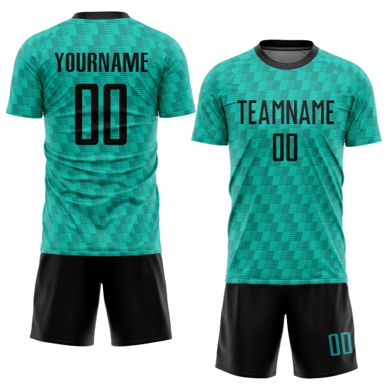 Schwarzes Sublimationstrikot, benutzerdefinierte Uniform, Fußball, blaugrün Schwarzes Sublimationstrikot, benutzerdefinierte Uniform, Fußball, blaugrün