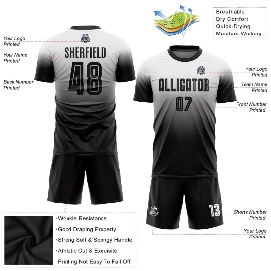 Fußball Fade Schwarz Mode Weiß Custom Sublimation Uniform Jersey Fußball Fade Schwarz Mode Weiß Custom Sublimation Uniform Jersey