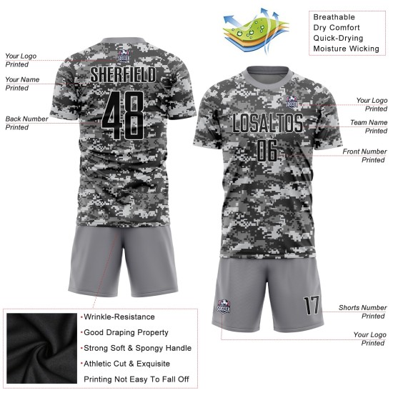 Salute Custom Schwarz-Grau zum Service Sublimation Camo Fußballtrikot Uniform Salute Custom Schwarz-Grau zum Service Sublimation Camo Fußballtrikot Uniform